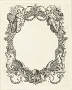 Cartouche met twee vrouwenfiguren en ornamenten