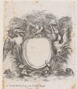 Cartouche met vijf eenden tussen het riet