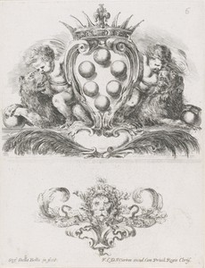 Cartouche met wapenschild en vignet met leeuwenkop
