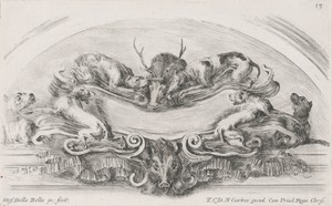 Cartouche met zes jachthonden, een hert en een everzwijn