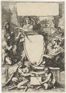 Cartouche omgeven door allegorische figuren