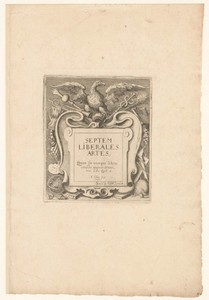 Cartouche omlijst met attributen van de vrije kunsten