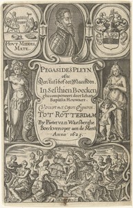 Cartouches met titel, portret van Jan Baptist Houwaert, allegorische figuren en Apollo en de muzen