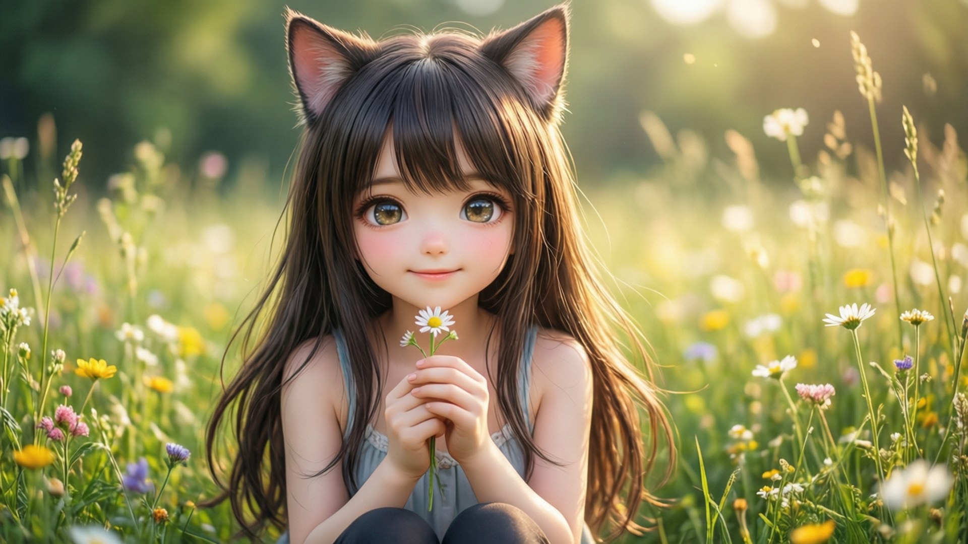 Cat Girl Meadow by Wallpapers.art Studio
