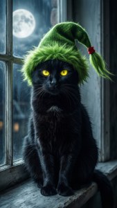 Cat in Grinch Hat Moonlight