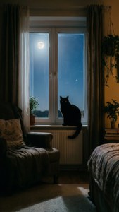 Cat Moonlit Window
