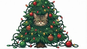 Cat Tangled in Tree Lights