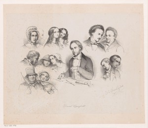 Charles Dickens te midden van figuren uit David Copperfield