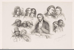 Charles Dickens te midden van figuren uit David Copperfield