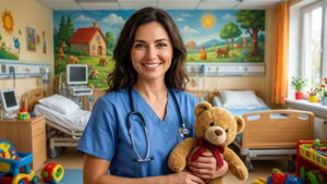 Cheerful Nurse with Teddy Bear