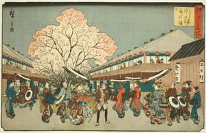 Cherry Blossom Day on the Nakanocho of the Yoshiwara (Yoshiwara Nakanocho Sakura no monbi), from the series "Famous Places in Edo (Edo meisho)"
