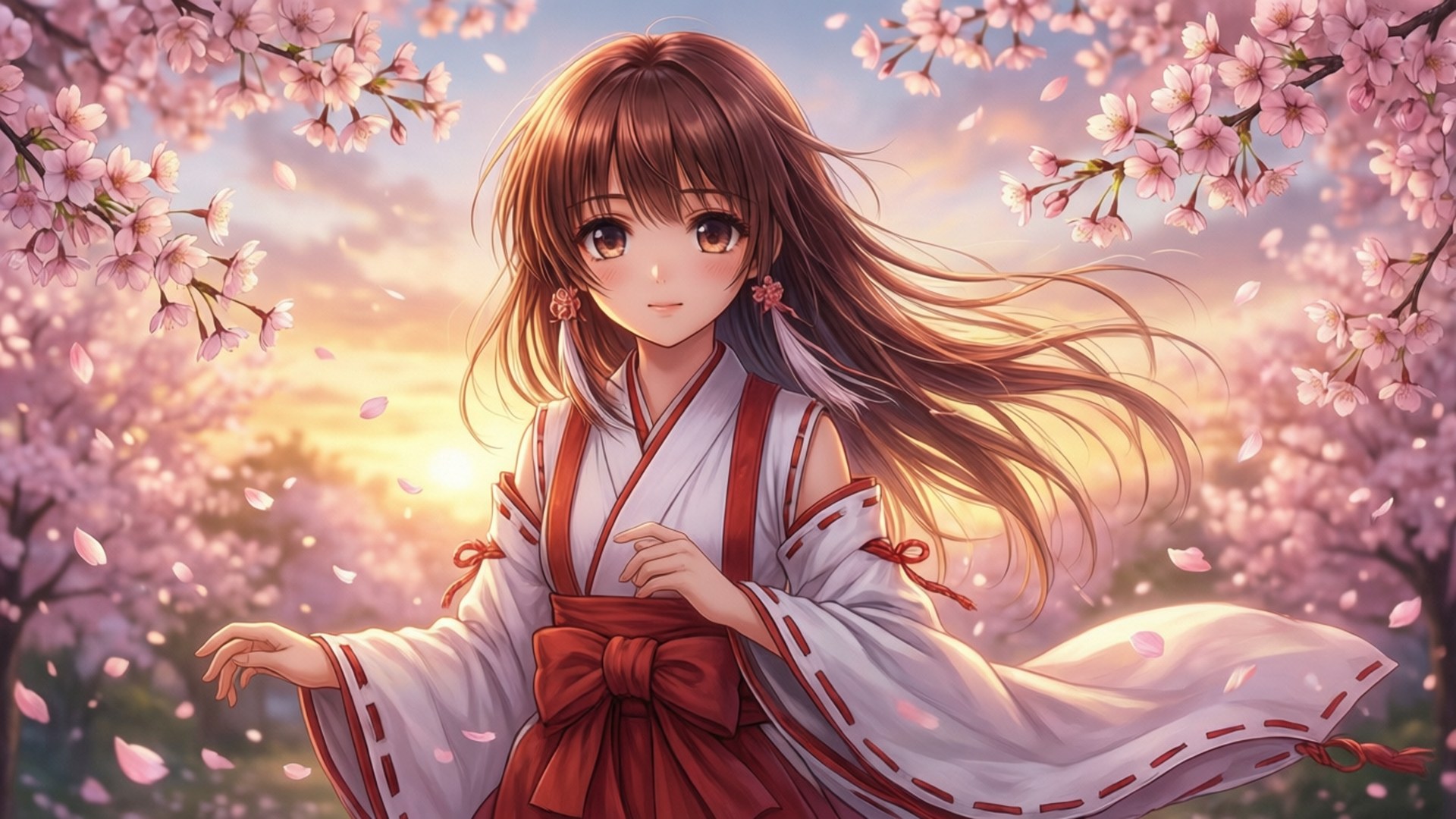Cherry Blossom Shrine Maiden by Wallpapers.art Studio