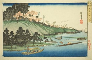 Cherry Blossoms in Full Bloom along the Sumida River (Sumidagawa hanazakari), from the series "Famous Places in Edo (Koto meisho)"