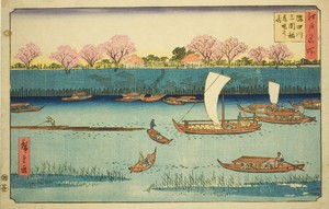 Cherry Trees along the Sumida River Embankment at the Mimeguri Inari Shrine (Sumidagawa Mimeguri Inari tsutsumi no hana), from the series "Famous Places in Edo (Edo meisho)"
