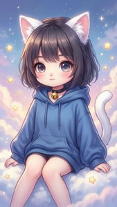 Chibi Cat Girl on Cloud