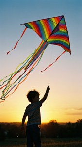 Child Flying Kite Sunset