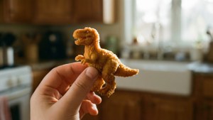 Child's Hand Holding Dino Nugget