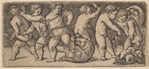 Children Playing with a Bitch and Three Young Dogs