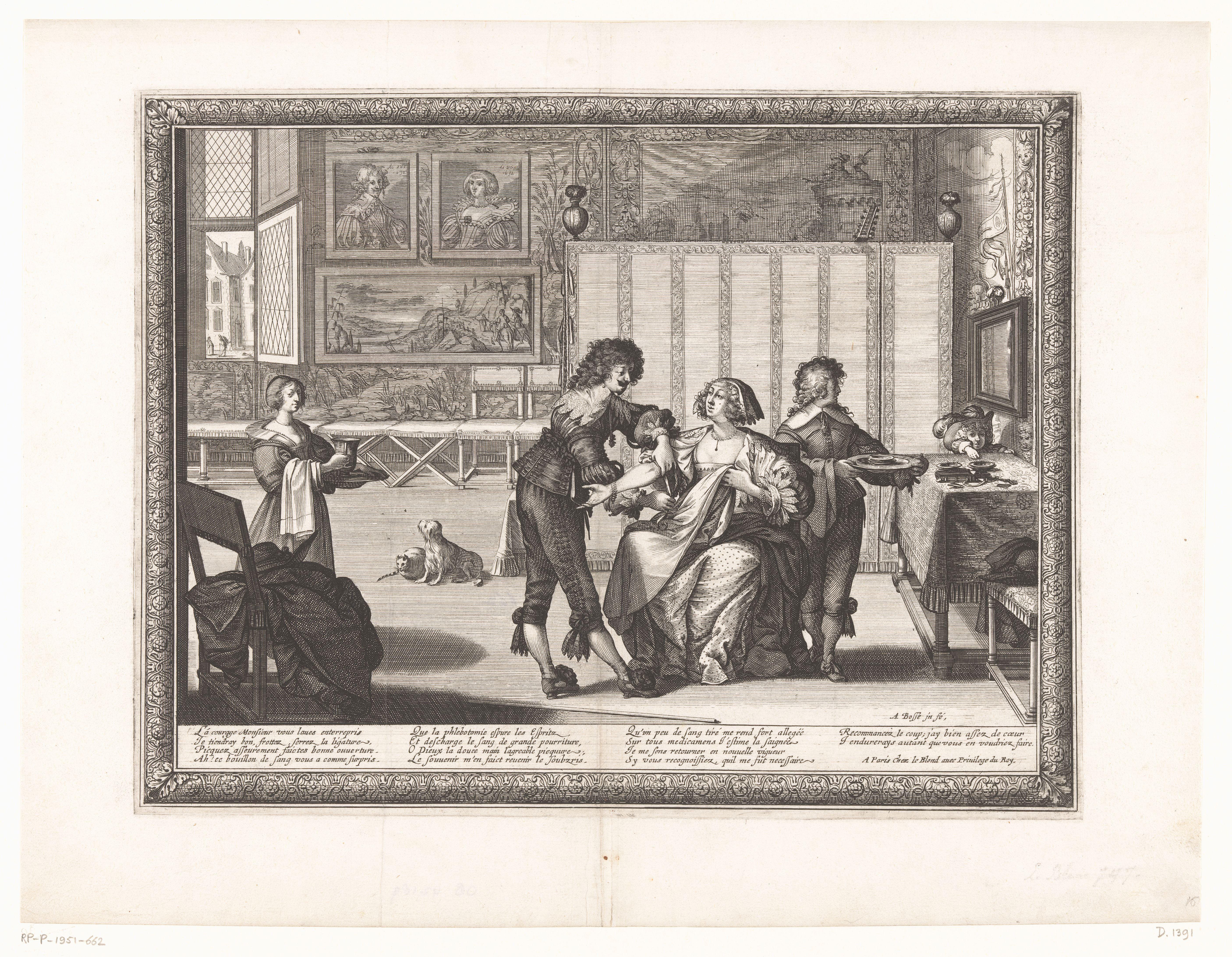 Chirurg voert een aderlating uit bij een vrouw by Abraham Bosse