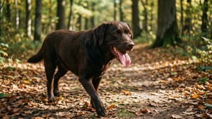 Chocolate Lab on Autumn Trail
