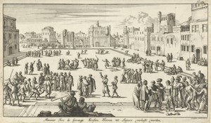 Christelijke gevangenen worden op een plein te Algiers als slaafgemaakten verkocht