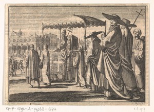 Christiaan IV, koning van Denemarken, als paus verkleed, bootst met zijn hovelingen een processie na, 1596