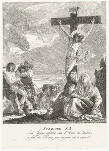 Christus aan het kruis en Maria ondersteund door Johannes tussen omstanders op Calvarieberg