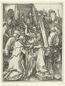 Christus draagt kruis en ontmoet heilige Veronica met zweetdoek op weg naar Golgotha