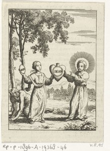 Christus en de gepersonifieerde ziel houden samen een hart met de afdruk "Iesus" vast