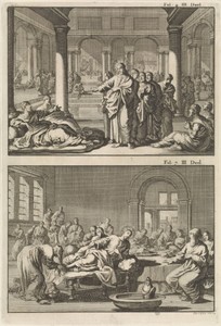 Christus en zijn leerlingen bij het badhuis van Siloam en Christus te gast bij Simon de Farizeeër