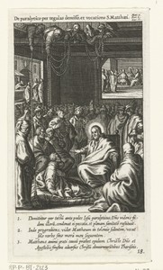 Christus geneest de verlamde man die op zijn bed door het dak naar beneden is gelaten