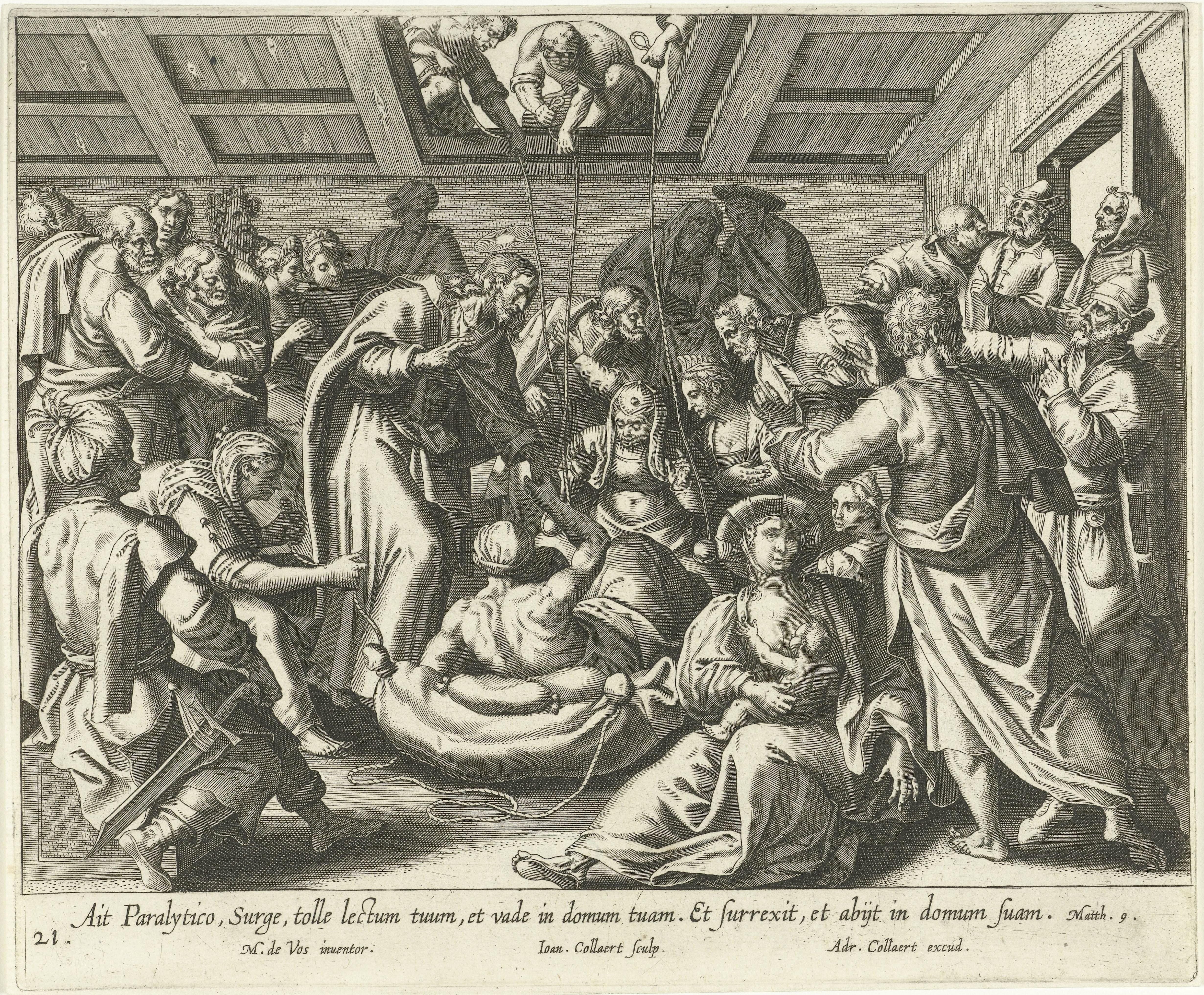 Christus geneest een verlamde man die door het dak werd neergelaten by Jan Collaert (II)