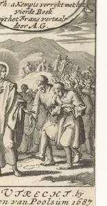 Christus gevolgd door figuren die in zijn voetafdrukken stappen