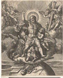 Christus in de wolken met symbolen van evangelisten