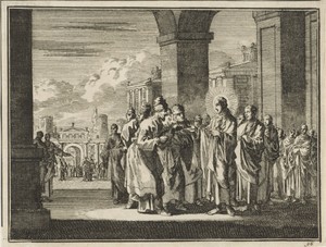 Christus in debat met de farizeeën over de belasting aan de keizer