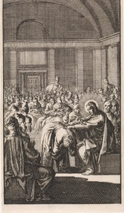 Christus legt zijn hand op de krom getrokken vrouw