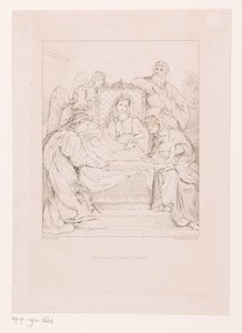 Christus ligt te slapen op de schoot van Maria, omringd door twee engelen, Jozef, Catharina, Elisabet en Johannes de Doper