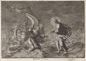 Christus loopt over het water tijdens een storm op het meer van Galilea