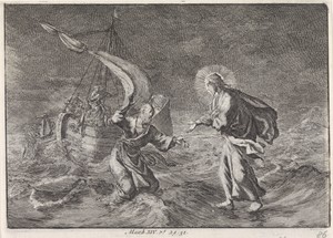 Christus loopt over het water tijdens een storm op het meer van Galilea