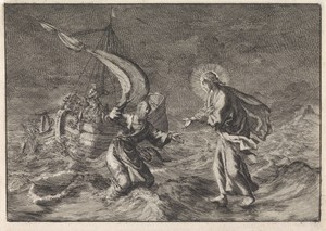 Christus loopt over het water tijdens een storm op het meer van Galilea