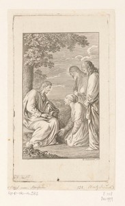 Christus luistert naar de knielende vrouw van Zebedeüs, Jakobus en Johannes staan achter hun moeder