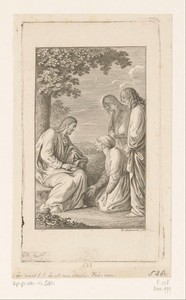 Christus luistert naar de knielende Zebedeüs, Jakobus en Johannes staan achter hun moeder