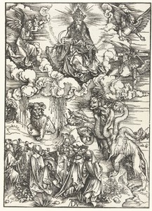 Christus met een sikkel, het beest met de hoorns als van een lam en de zevenkoppige draak