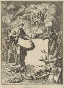 Christus opent een boekrol voor de personificatie van Berouw en de Mensheid