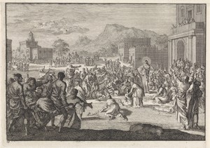 Christus spreekt tot een menigte op een plein.