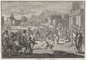 Christus spreekt tot een menigte op een plein.
