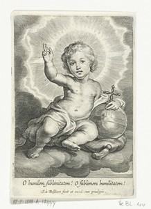 Christuskind als Salvator Mundi zittend op wolk