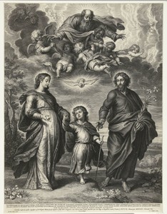 Christuskind loopt tussen Maria en Jozef met boven hen God, Heilige Geest en engelen
