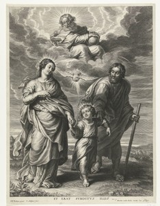 Christuskind loopt tussen Maria en Jozef met God en Heilige Geest