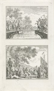 Civilis en Cerialis onderhandelen op de afgebroken brug, 69-70, en Willibrord bij een niet-christelijke offerceremonie, 700